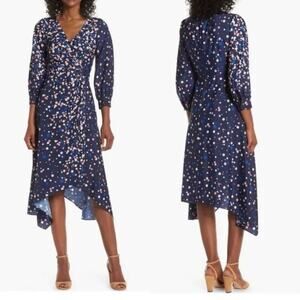 ELIZA J Navy Blue Polka Dotted Pink Faux Wrap Midi Dress V-Neck Size 10 Retro